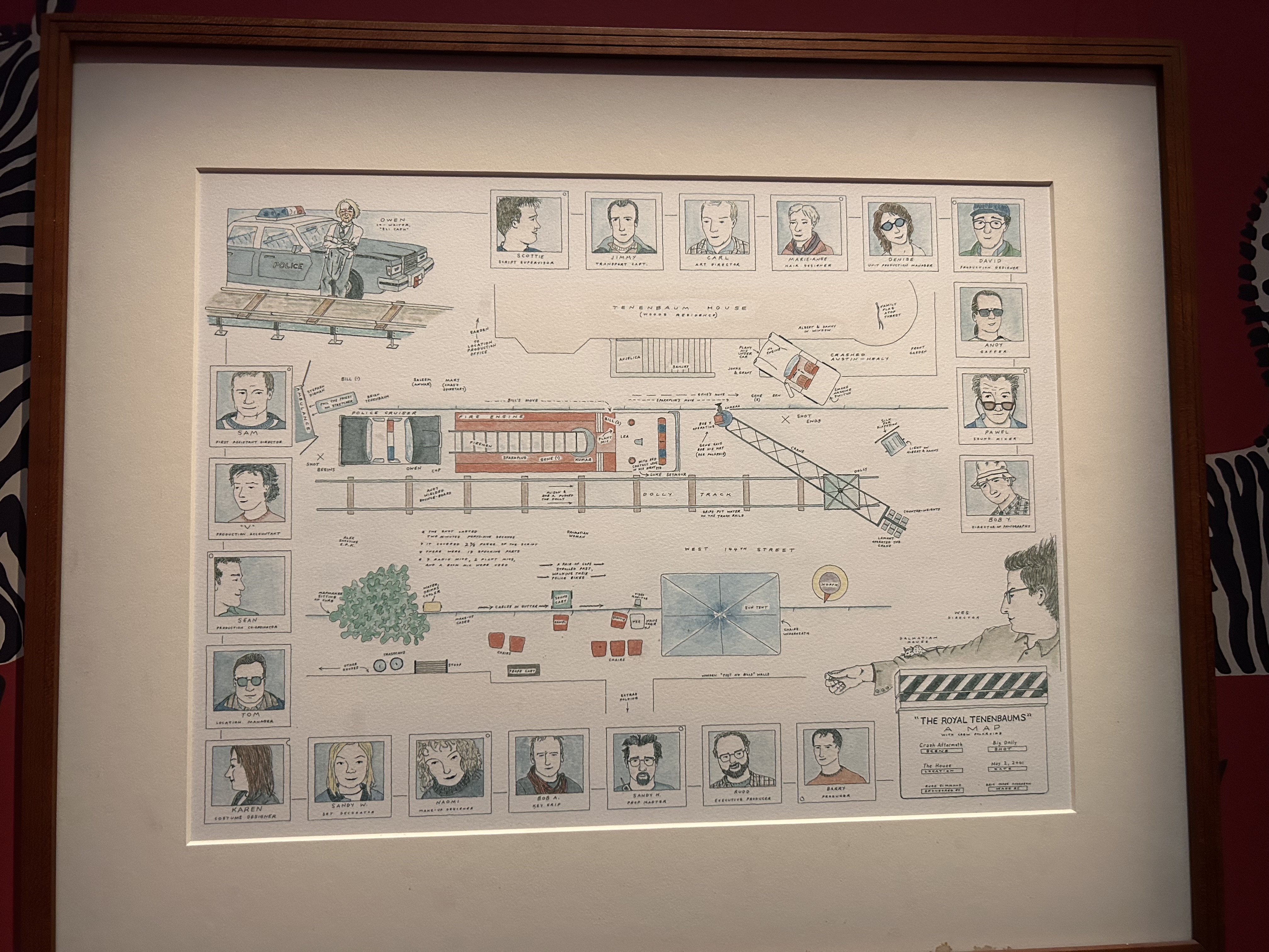 Hand-drawn map by Wes Anderson for a street shot from The Royal Tenenbaums (May 2, 2001), with crew polaroids around the perimeter.