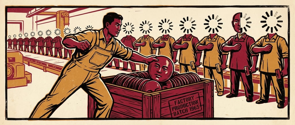 Propaganda-style poster of a factory worker pulling faces from a crate labelled 'Factory Production Batch 1965' and assigning them to a line of placeholder bodies whose heads are loading spinners.