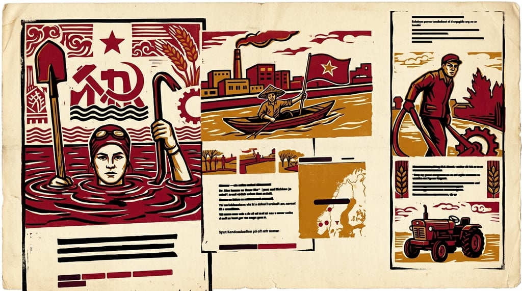 Propaganda-poster mock-up of a longread magazine spread: framed illustrations of a swimmer in a flooded landscape, a flag-bearing boatman with smokestacks behind, a worker with a tool, and a tractor, interspersed with text columns and a small map of Norway.