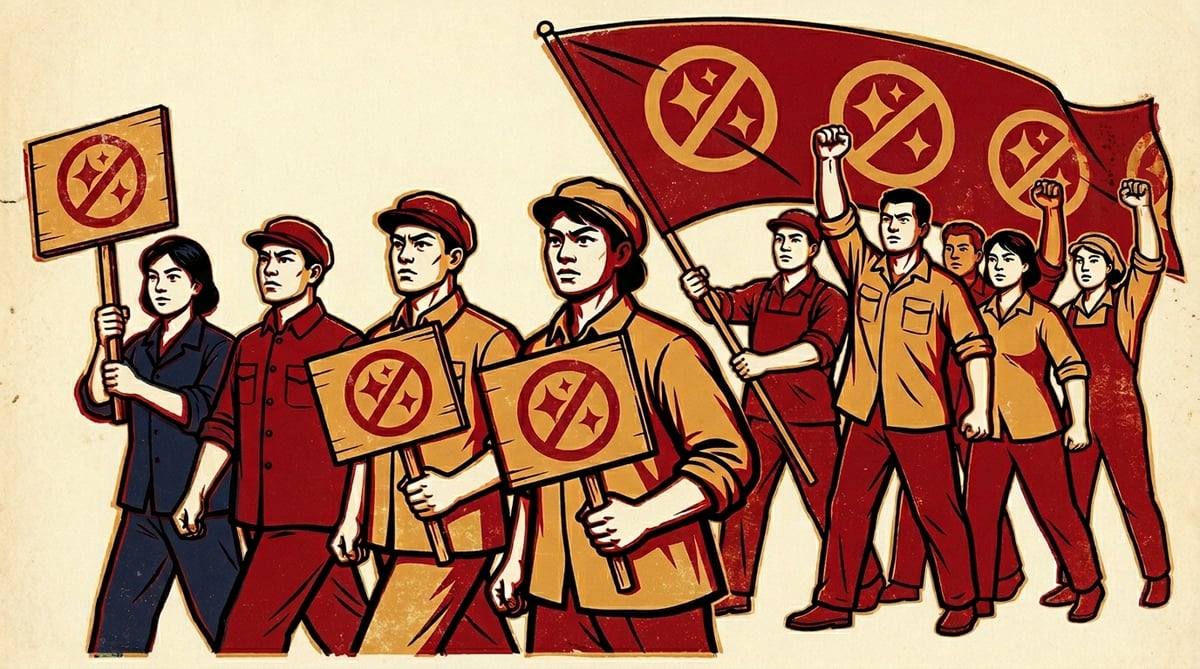 Propaganda-style poster of marchers carrying placards and a flag, each stamped with a 'no-sparkle' symbol crossing out an AI-glitter motif.