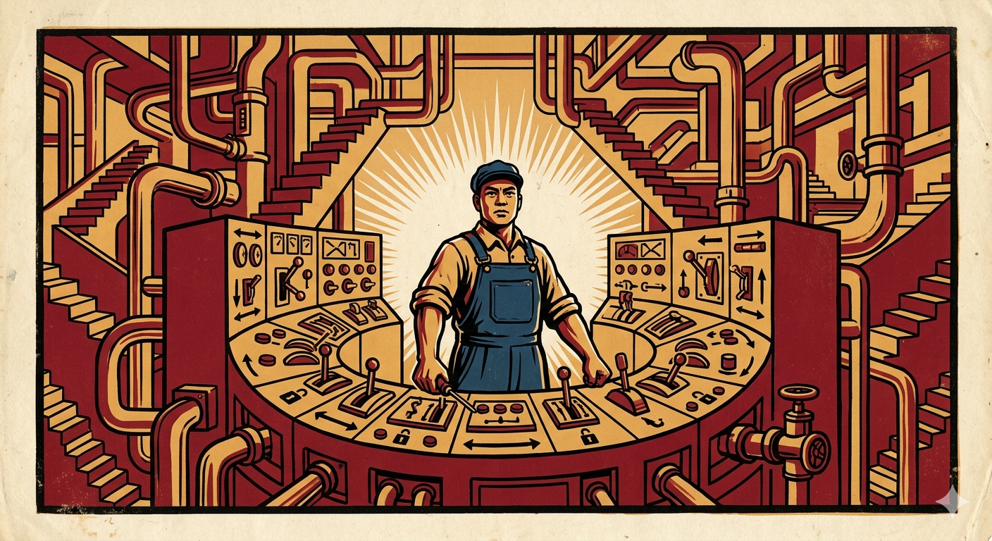 A 1965-style propaganda poster: a heroic worker at the centre of a vast control panel covered in contradictory buttons, arrows and lock symbols, ringed by an Escher-like maze of brutalist pipes and staircases, in crimson and ochre on aged cream paper.